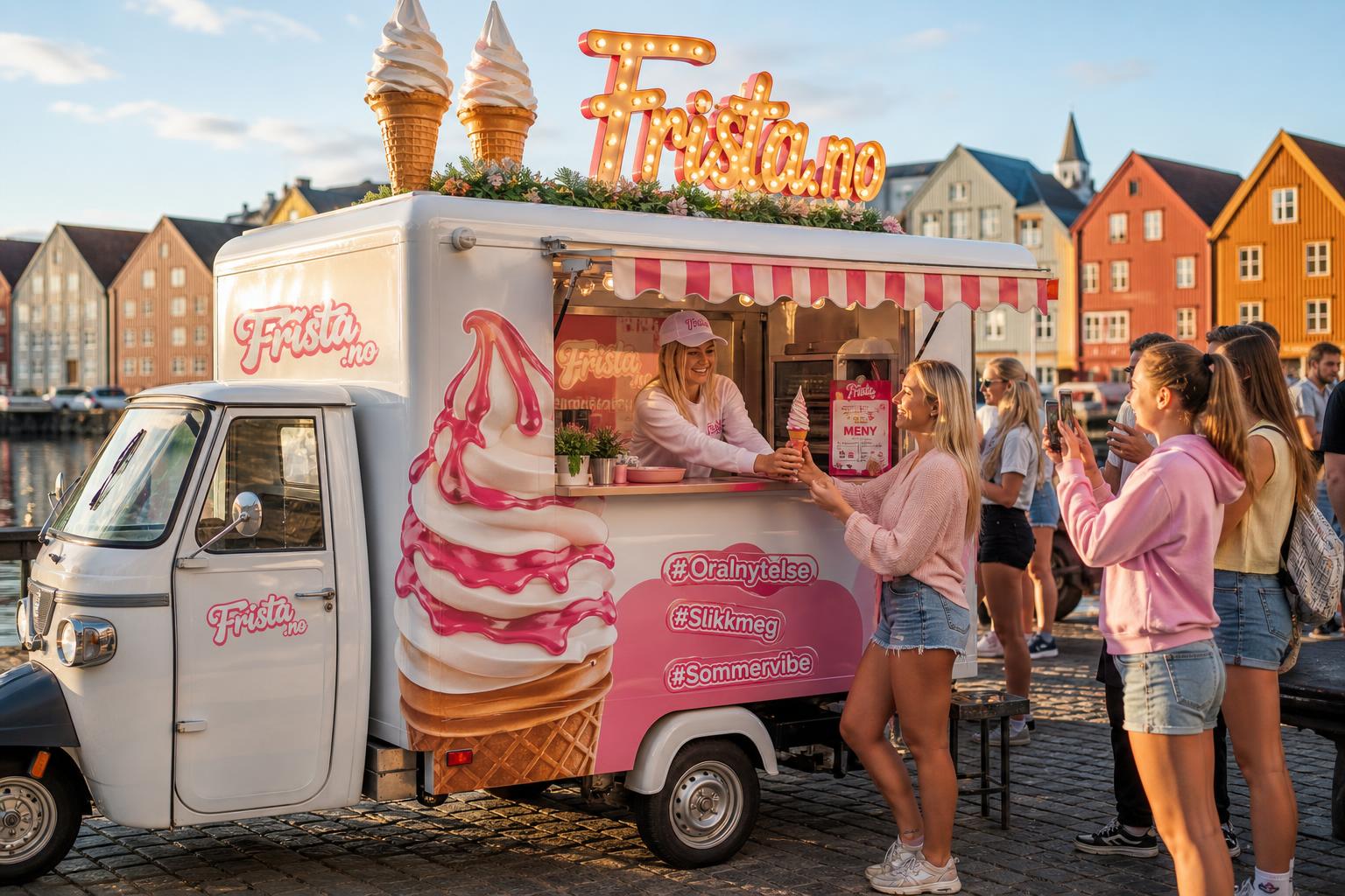 Frista.no softisbil — hvit Ape-bil med rosa branding parkert i Trondheim